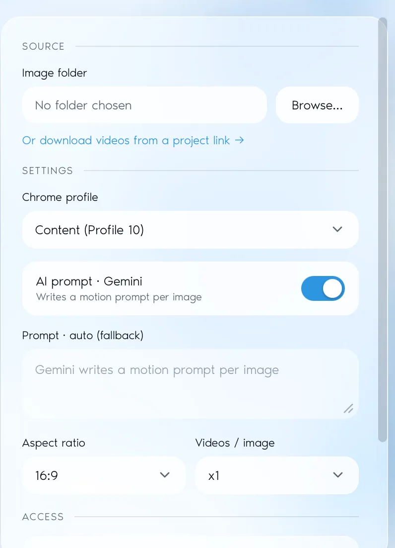 The settings column: an image folder picker, a Chrome profile selector, a toggle for Gemini-written prompts, a fallback prompt box, and aspect ratio and videos-per-image selectors.